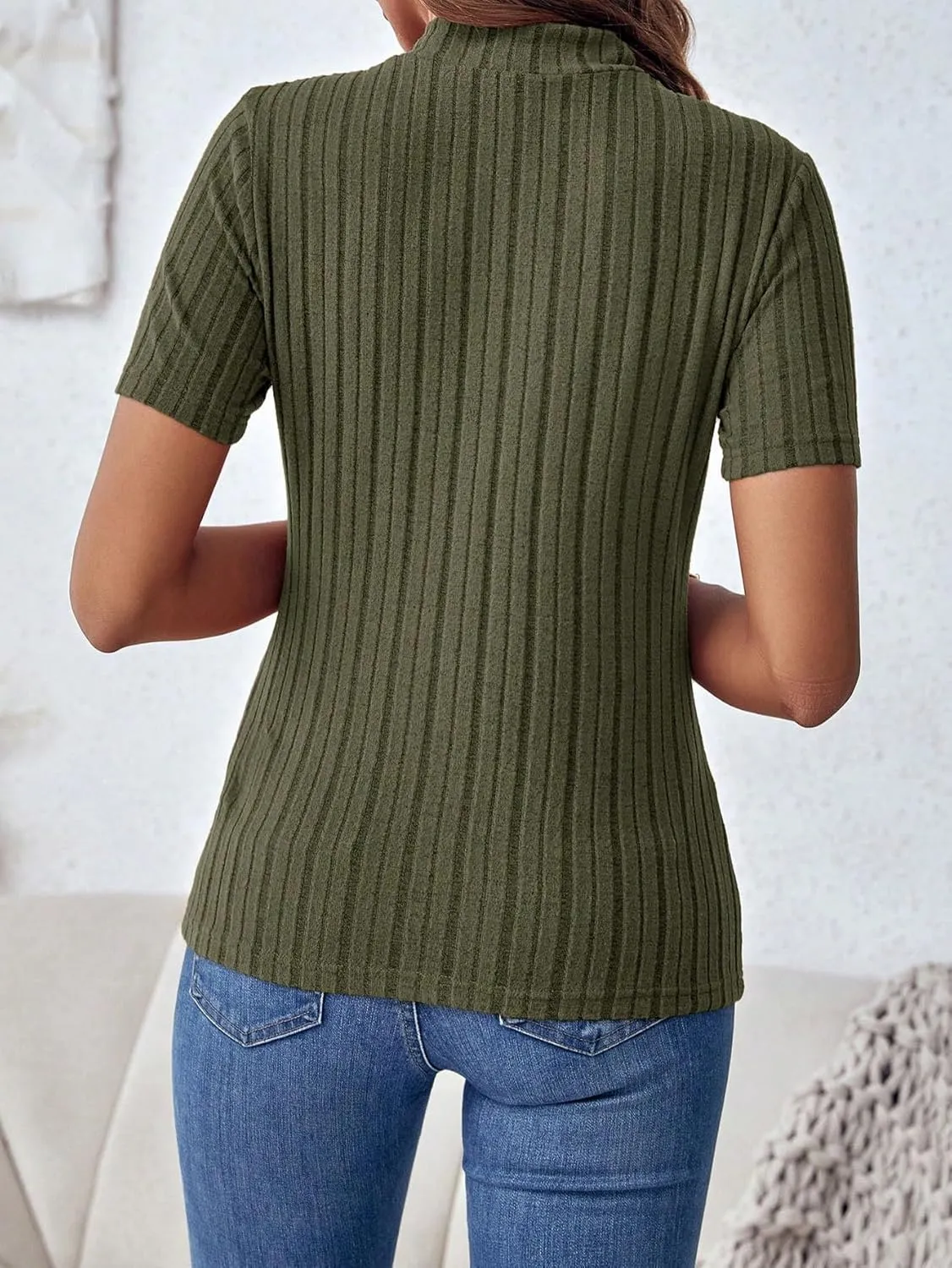 SweatyRocks Women's Mock Neck Short Sleeve Tee Tops Casual Ribbed Knit Slim Fit T Shirts