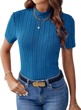 SweatyRocks Women's Mock Neck Short Sleeve Tee Tops Casual Ribbed Knit Slim Fit T Shirts