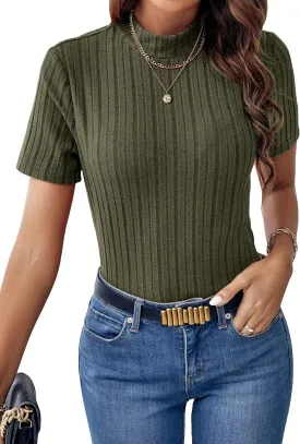 SweatyRocks Women's Mock Neck Short Sleeve Tee Tops Casual Ribbed Knit Slim Fit T Shirts
