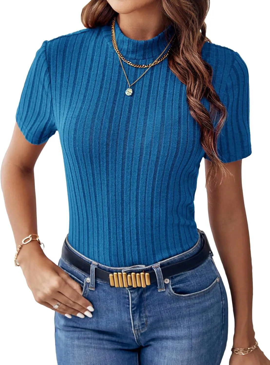 SweatyRocks Women's Mock Neck Short Sleeve Tee Tops Casual Ribbed Knit Slim Fit T Shirts