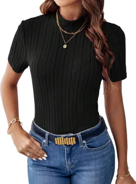 SweatyRocks Women's Mock Neck Short Sleeve Tee Tops Casual Ribbed Knit Slim Fit T Shirts