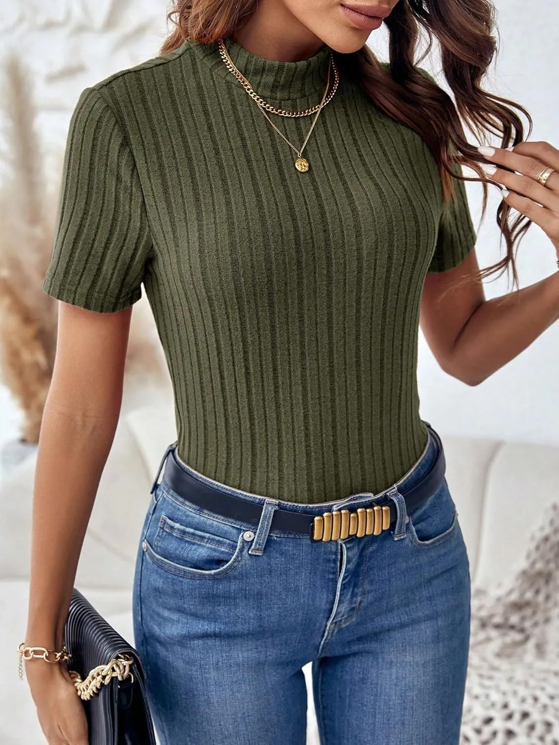 SweatyRocks Women's Mock Neck Short Sleeve Tee Tops Casual Ribbed Knit Slim Fit T Shirts