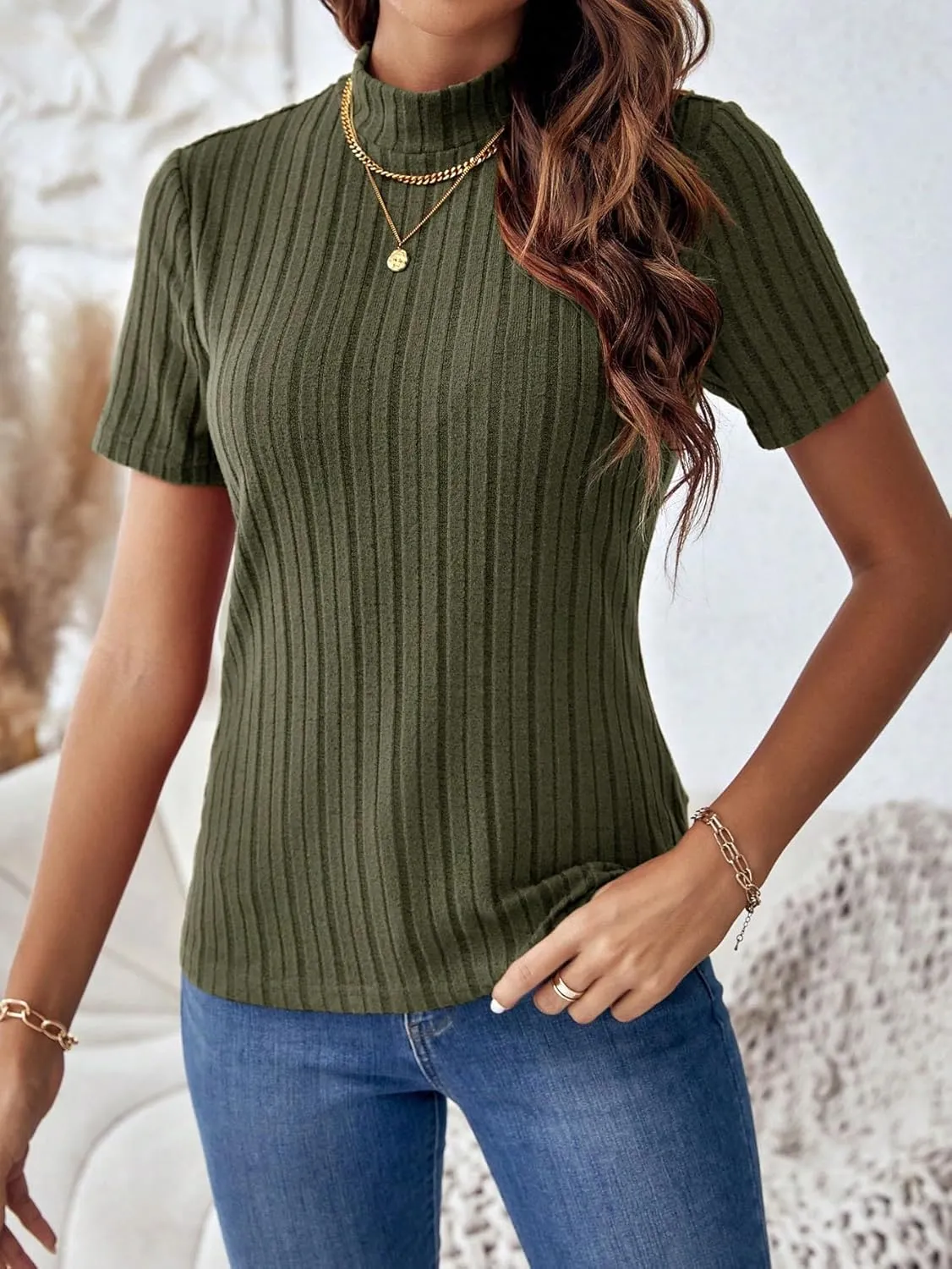 SweatyRocks Women's Mock Neck Short Sleeve Tee Tops Casual Ribbed Knit Slim Fit T Shirts