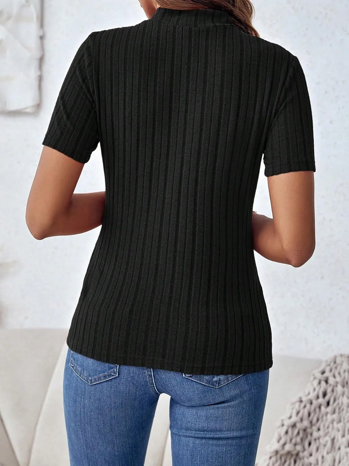SweatyRocks Women's Mock Neck Short Sleeve Tee Tops Casual Ribbed Knit Slim Fit T Shirts