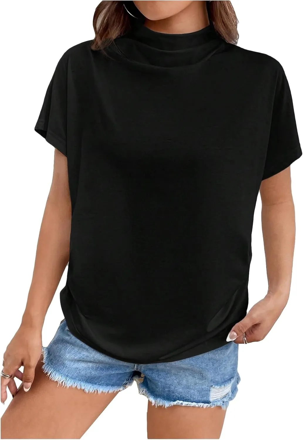 SweatyRocks Women's Short Sleeve Mock Neck T Shirts Summer Loose Fit Basic Tee Tops