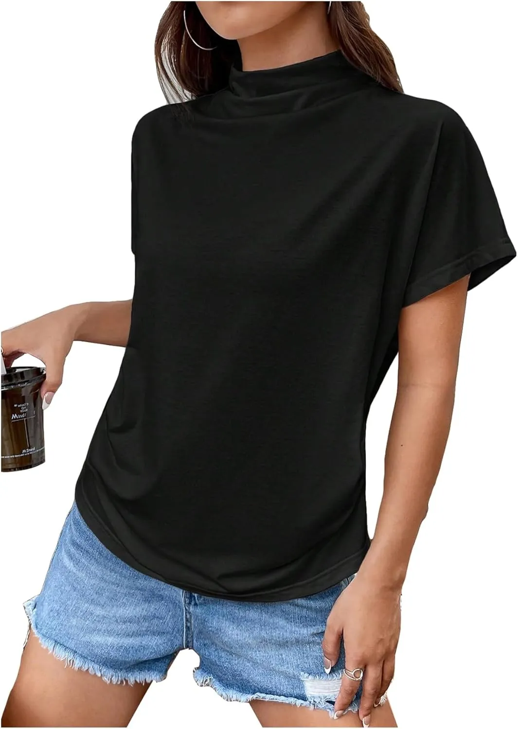 SweatyRocks Women's Short Sleeve Mock Neck T Shirts Summer Loose Fit Basic Tee Tops