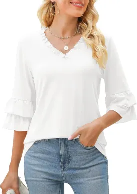 TFSDOD Womens V Neck 3/4 Bell Sleeve Tops Frill Neck Tiered Ruffle Sleeve Shirts Casual Spring Summer Loose Tunic Blouses