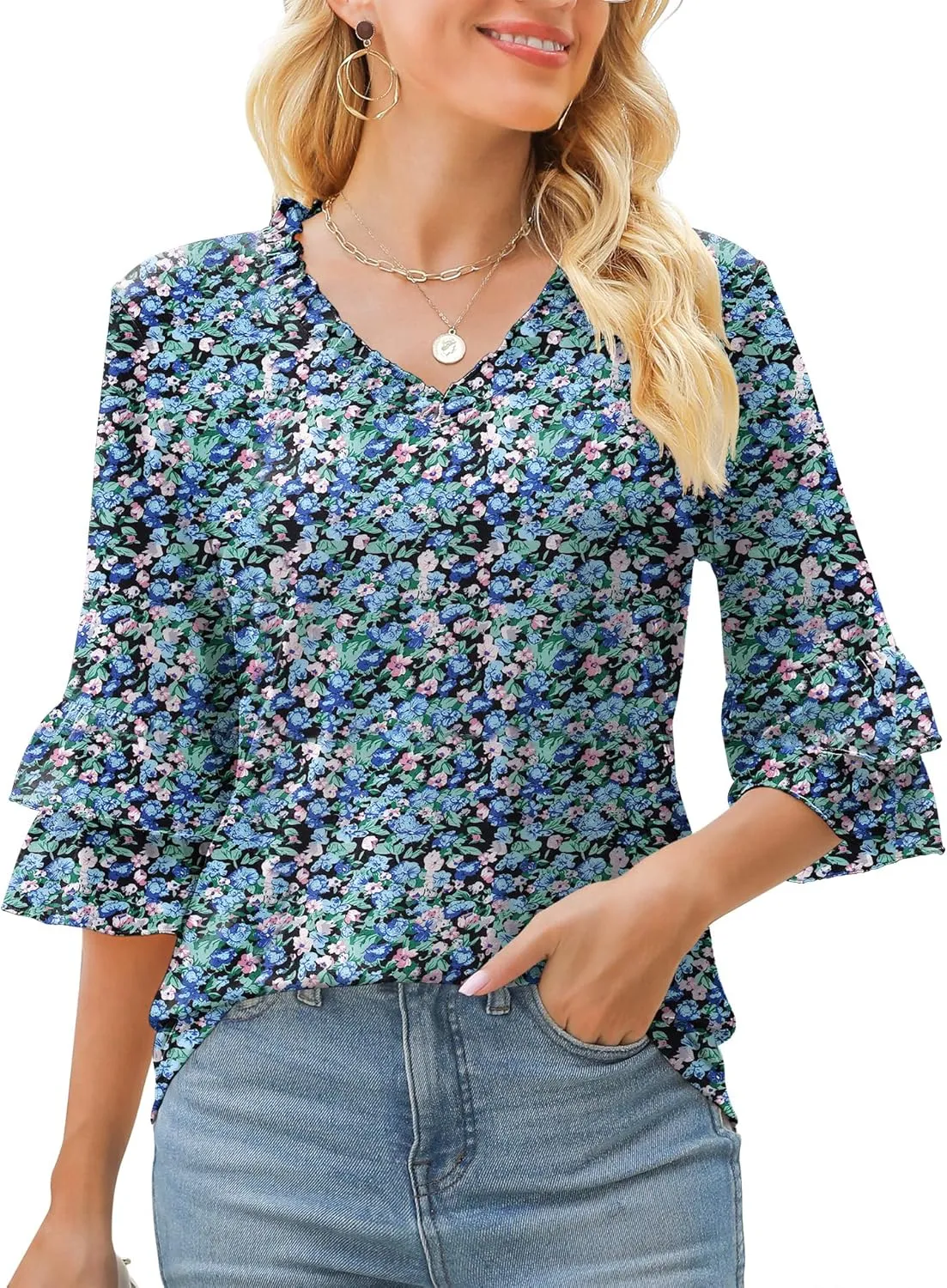 TFSDOD Womens V Neck 3/4 Bell Sleeve Tops Frill Neck Tiered Ruffle Sleeve Shirts Casual Spring Summer Loose Tunic Blouses