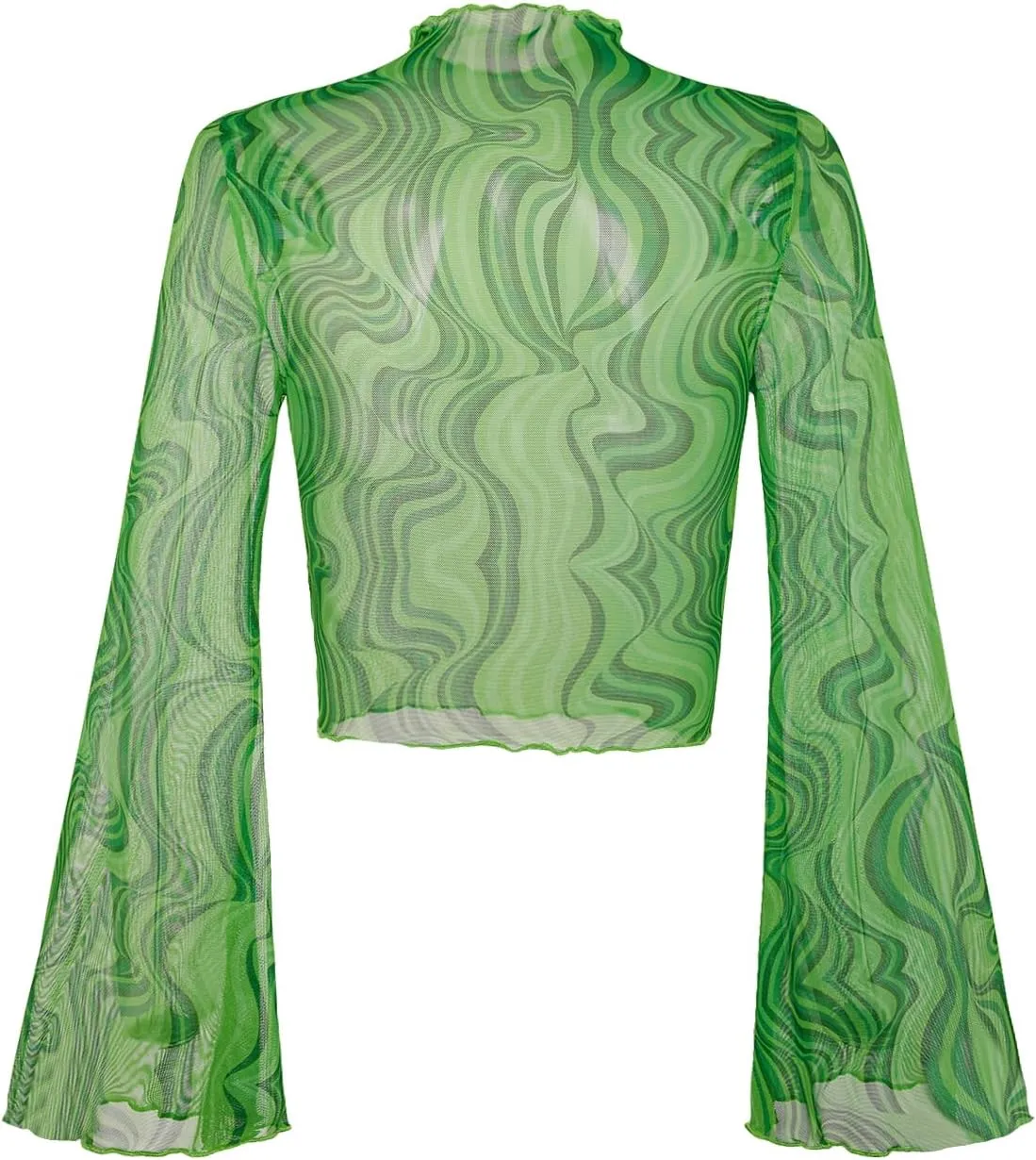 Verdusa Women's Bell Sleeve Lettuce Trim Mock Neck Floral Mesh Top Crop T Shirt
