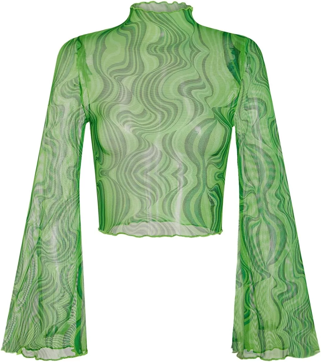 Verdusa Women's Bell Sleeve Lettuce Trim Mock Neck Floral Mesh Top Crop T Shirt