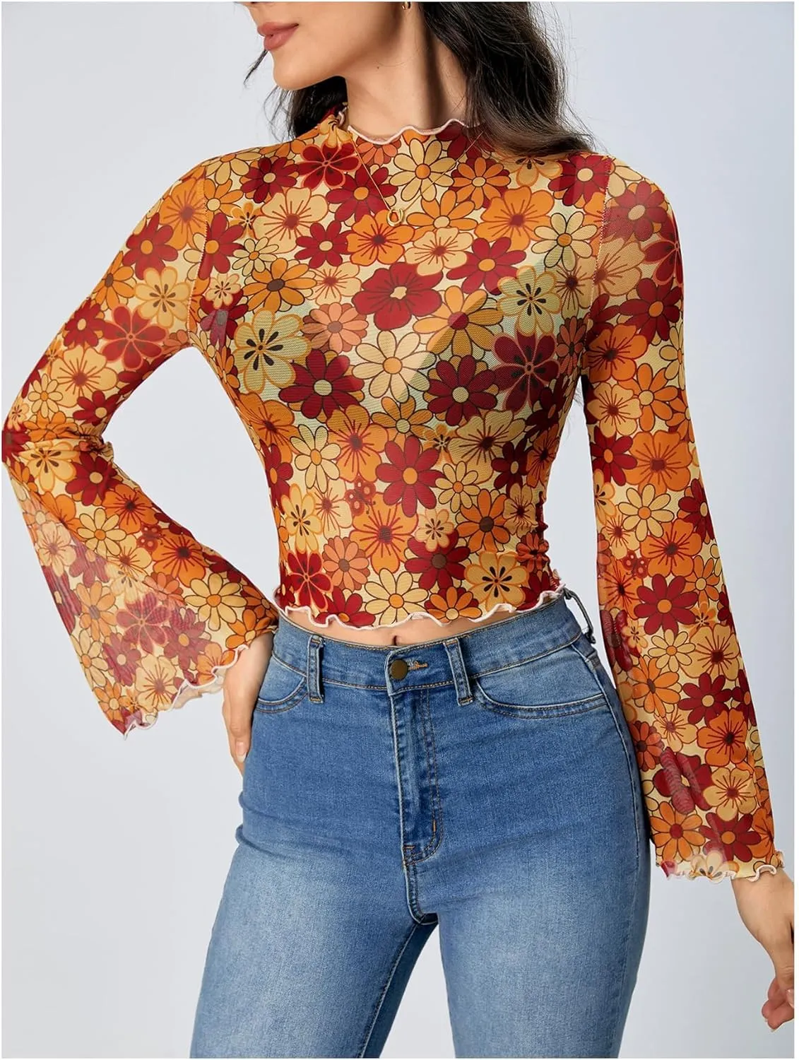 Verdusa Women's Bell Sleeve Lettuce Trim Mock Neck Floral Mesh Top Crop T Shirt