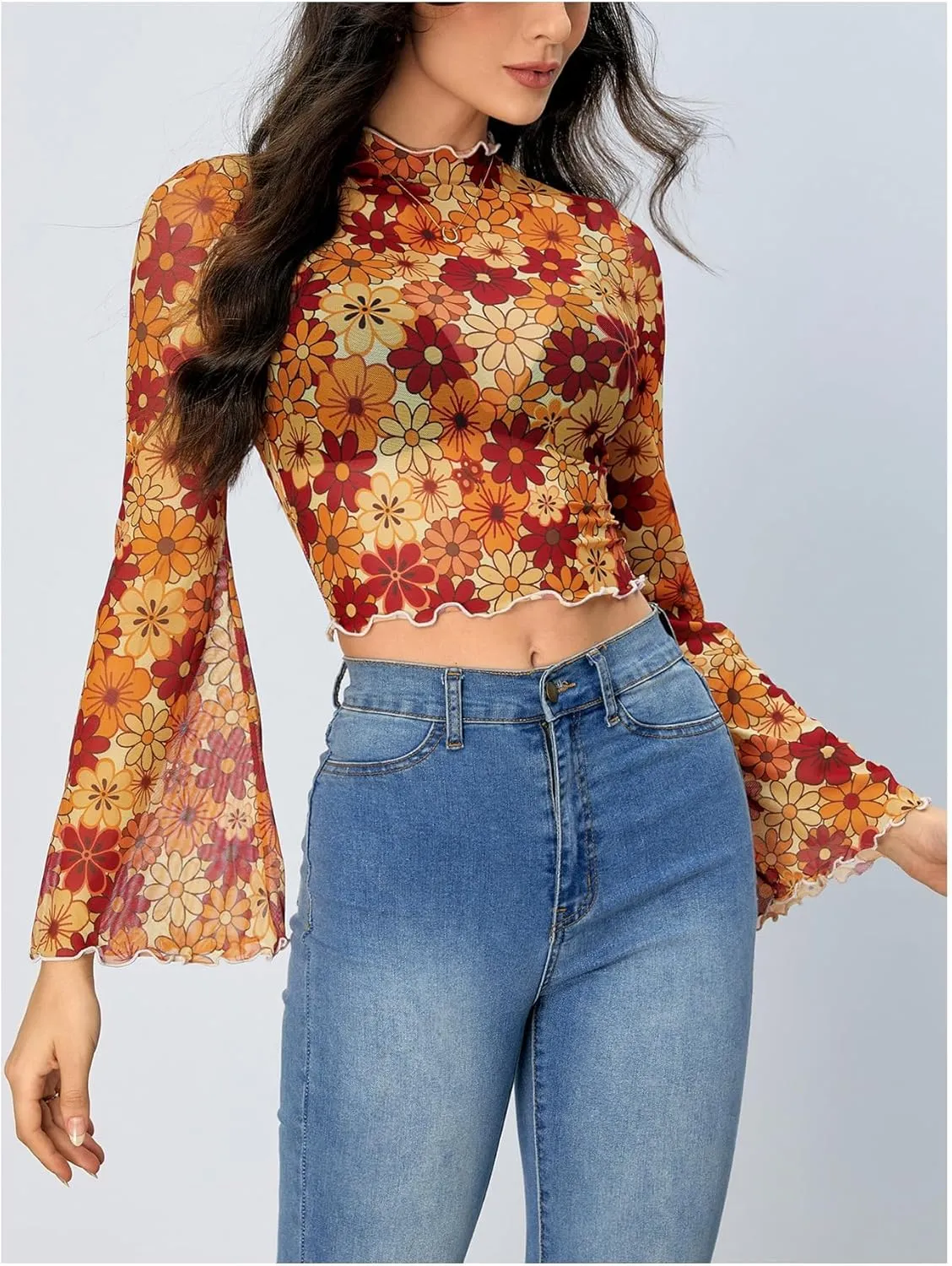 Verdusa Women's Bell Sleeve Lettuce Trim Mock Neck Floral Mesh Top Crop T Shirt