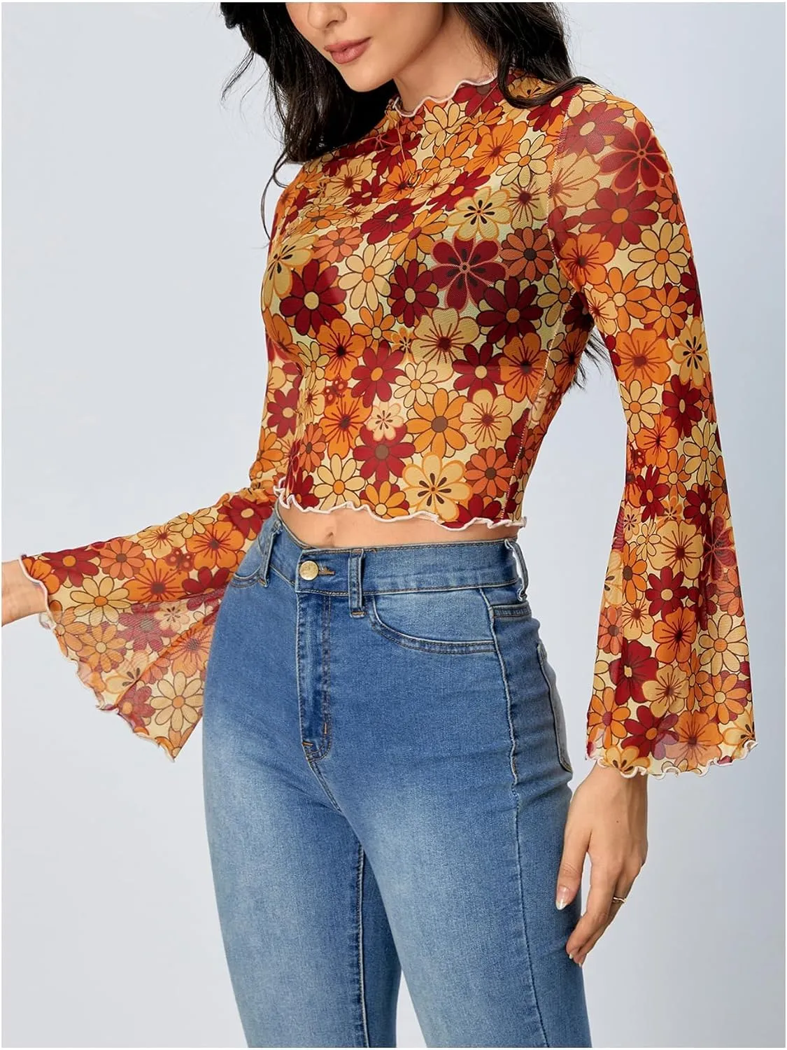 Verdusa Women's Bell Sleeve Lettuce Trim Mock Neck Floral Mesh Top Crop T Shirt