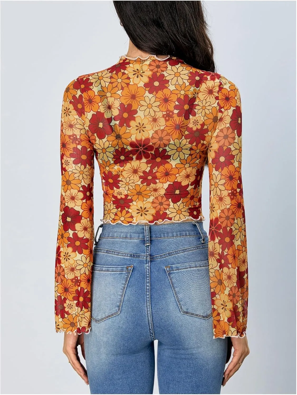 Verdusa Women's Bell Sleeve Lettuce Trim Mock Neck Floral Mesh Top Crop T Shirt