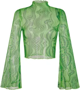 Verdusa Women's Bell Sleeve Lettuce Trim Mock Neck Floral Mesh Top Crop T Shirt