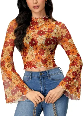 Verdusa Women's Bell Sleeve Lettuce Trim Mock Neck Floral Mesh Top Crop T Shirt
