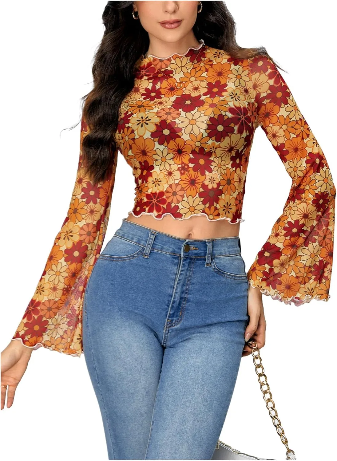 Verdusa Women's Bell Sleeve Lettuce Trim Mock Neck Floral Mesh Top Crop T Shirt