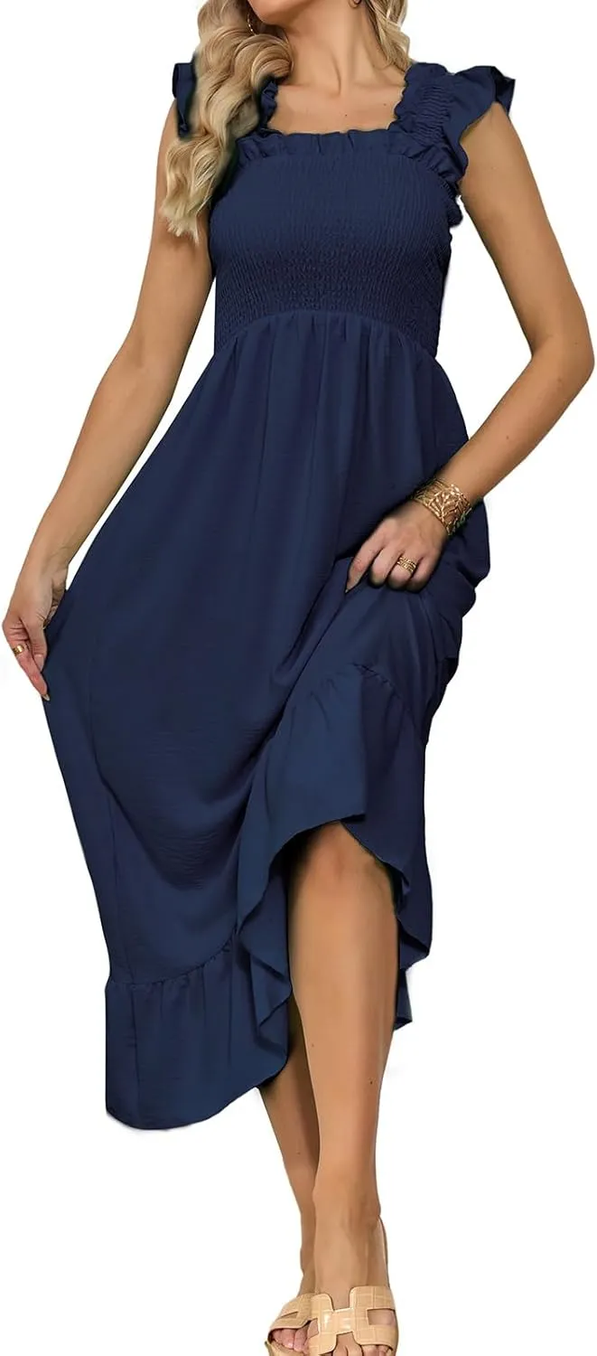 VIPONES Women's Summer Casual Madi Dress Ruffle Sleeve Smocked Tank Square Neck Flowy Tiered A-Line Trendy Sundress