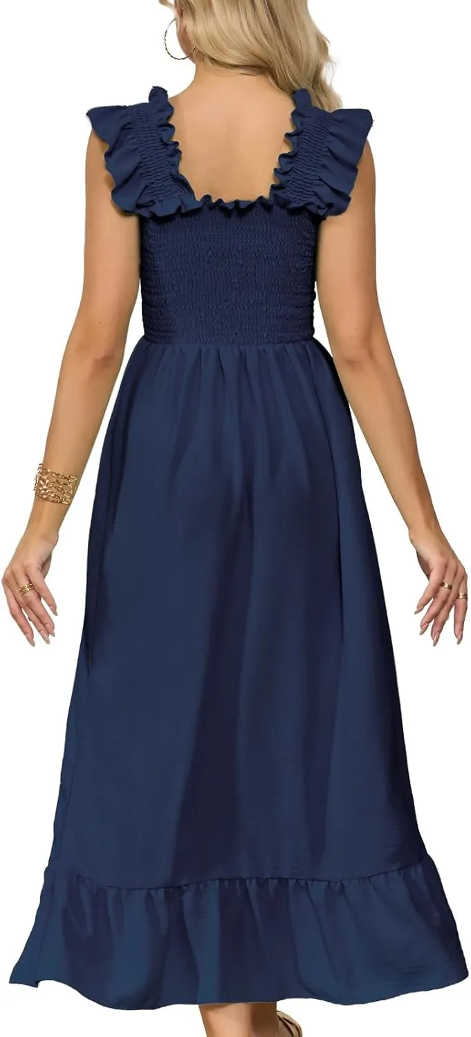 VIPONES Women's Summer Casual Madi Dress Ruffle Sleeve Smocked Tank Square Neck Flowy Tiered A-Line Trendy Sundress