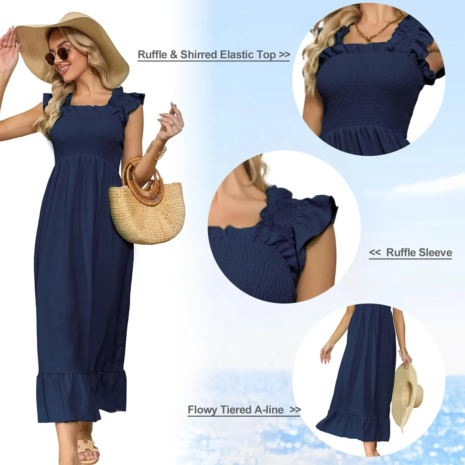 VIPONES Women's Summer Casual Madi Dress Ruffle Sleeve Smocked Tank Square Neck Flowy Tiered A-Line Trendy Sundress