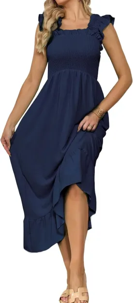 VIPONES Women's Summer Casual Madi Dress Ruffle Sleeve Smocked Tank Square Neck Flowy Tiered A-Line Trendy Sundress