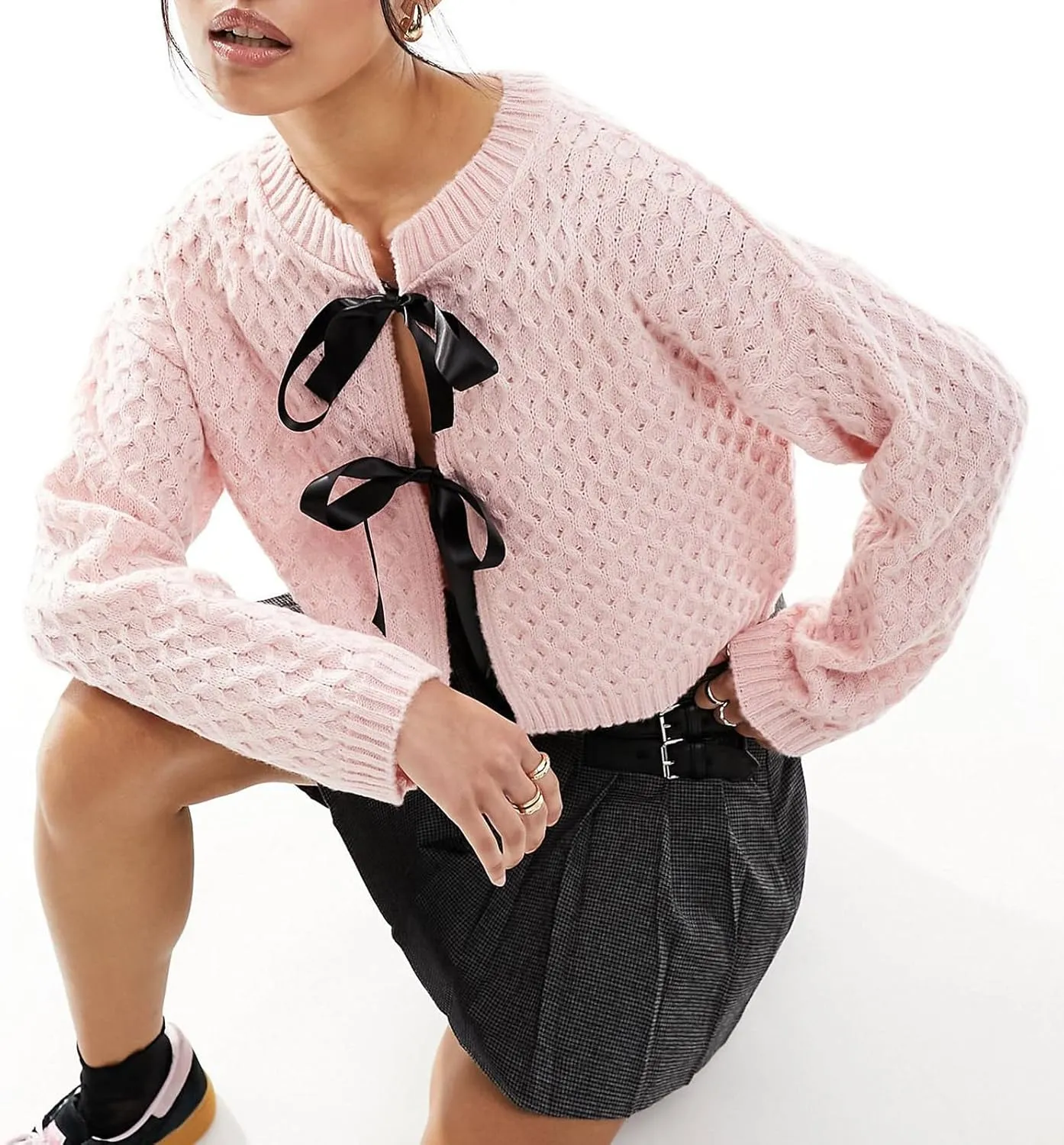 Women Bow Tie Front Leopard Knit Cardigan Sweater Y2k Long Sleeve Cheetah Crochet Knitted Crop Shirt Going Out Top