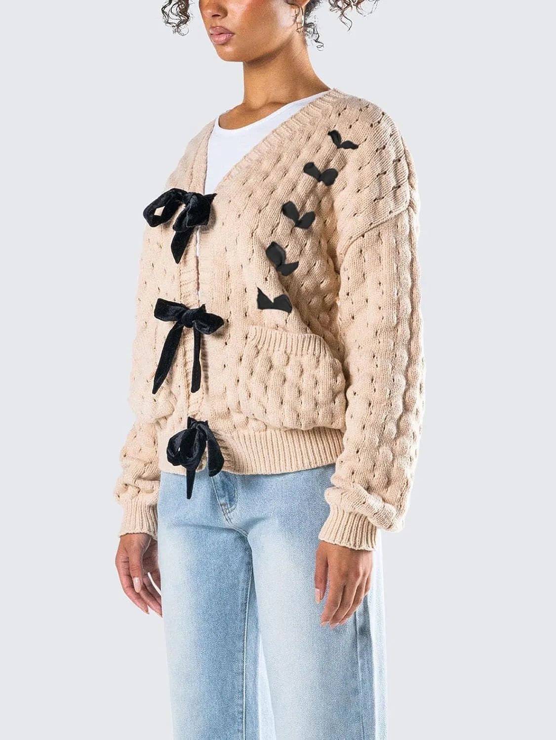 Women Bow Tie Front Leopard Knit Cardigan Sweater Y2k Long Sleeve Cheetah Crochet Knitted Crop Shirt Going Out Top