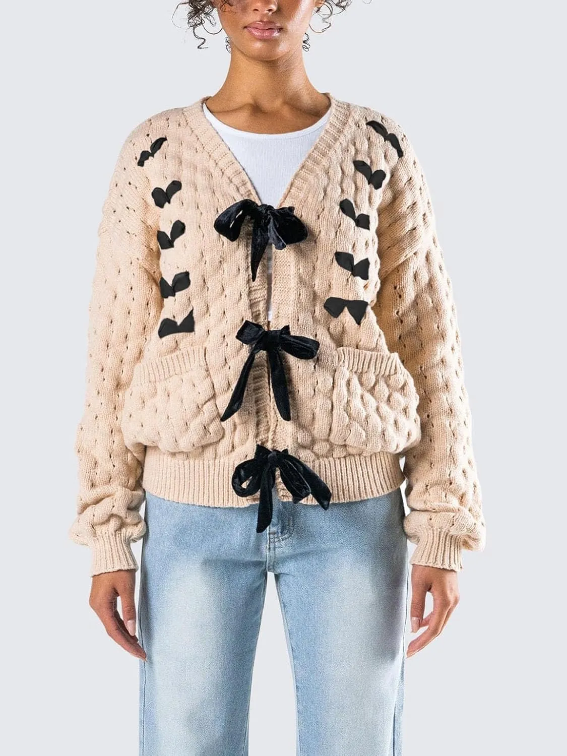 Women Bow Tie Front Leopard Knit Cardigan Sweater Y2k Long Sleeve Cheetah Crochet Knitted Crop Shirt Going Out Top