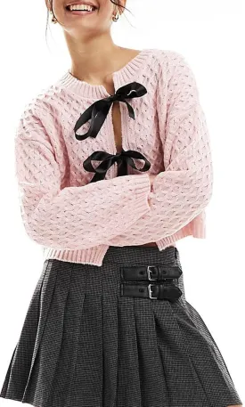 Women Bow Tie Front Leopard Knit Cardigan Sweater Y2k Long Sleeve Cheetah Crochet Knitted Crop Shirt Going Out Top