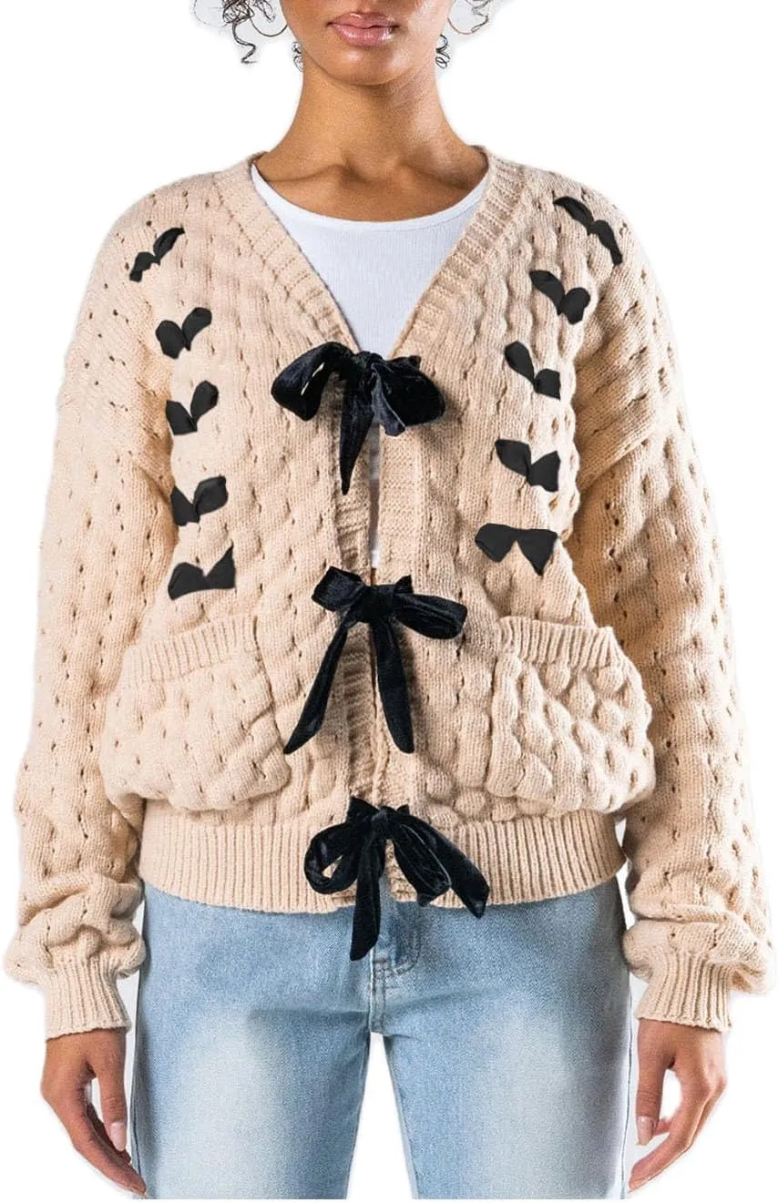 Women Bow Tie Front Leopard Knit Cardigan Sweater Y2k Long Sleeve Cheetah Crochet Knitted Crop Shirt Going Out Top