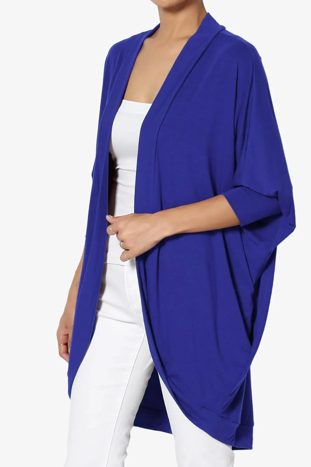 Women's Cocoon Draped Jersey Knit 3/4 Sleeve Oversized Open Front Cardigan