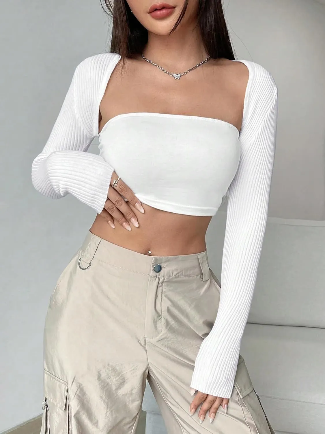 Womens Crop Cardigan Sweater Open Front Lightweight Knit Shrug Cardigan