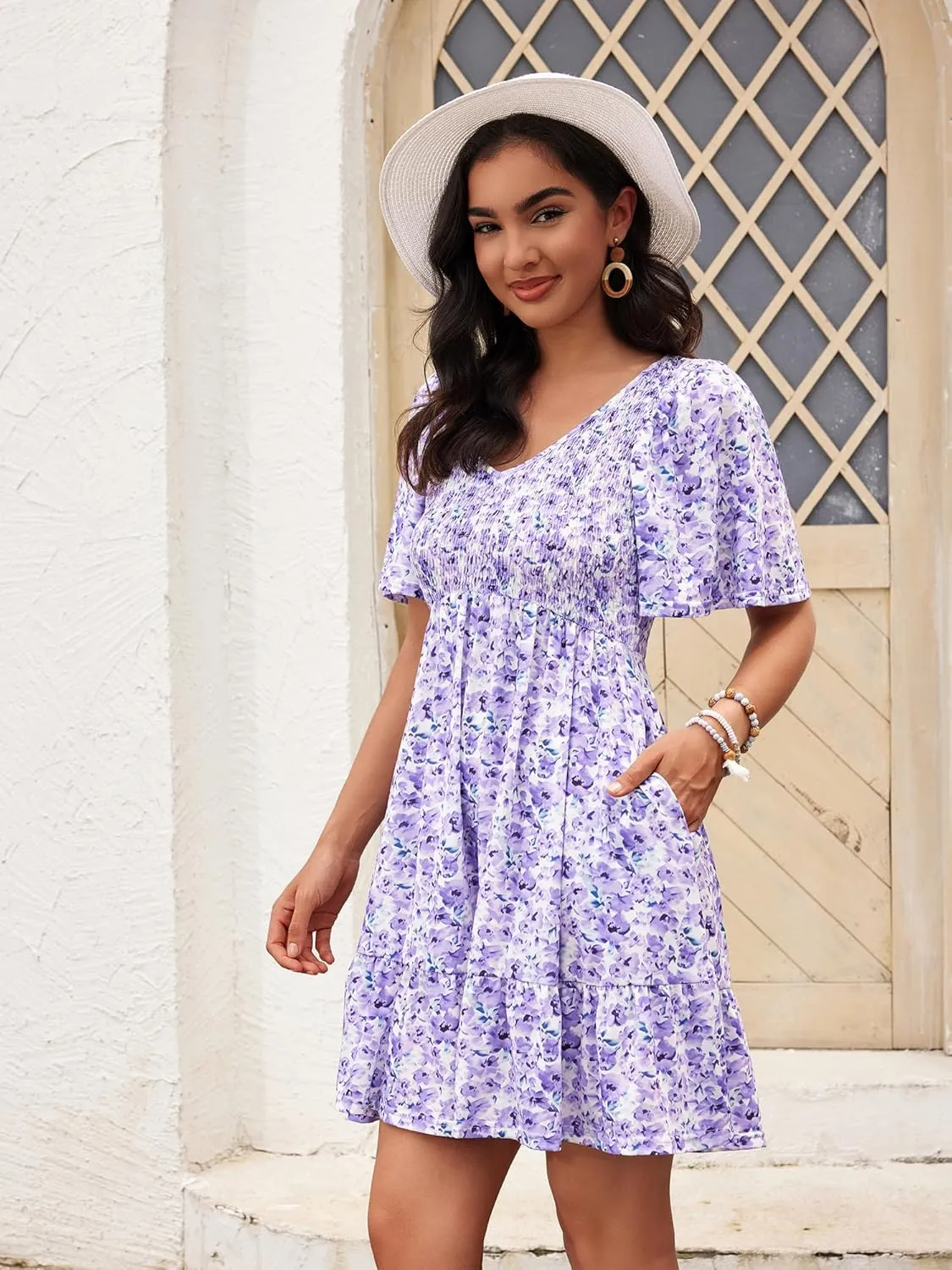 Womens Cute Floral Smocked V Neck Flutter Sleeve Sundress with Pockets Casual Spring Summer Dresses for Women 2025