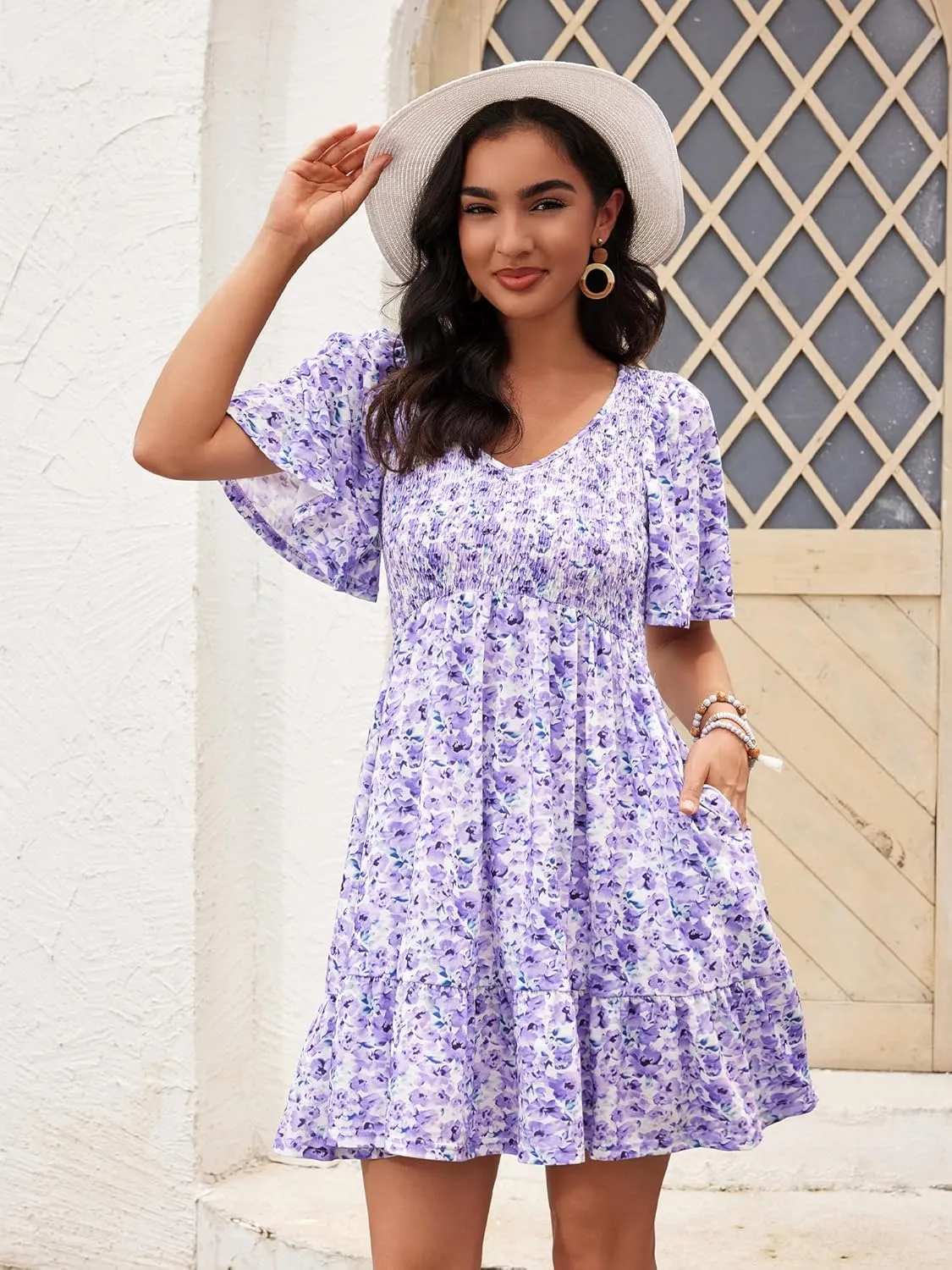 Womens Cute Floral Smocked V Neck Flutter Sleeve Sundress with Pockets Casual Spring Summer Dresses for Women 2025