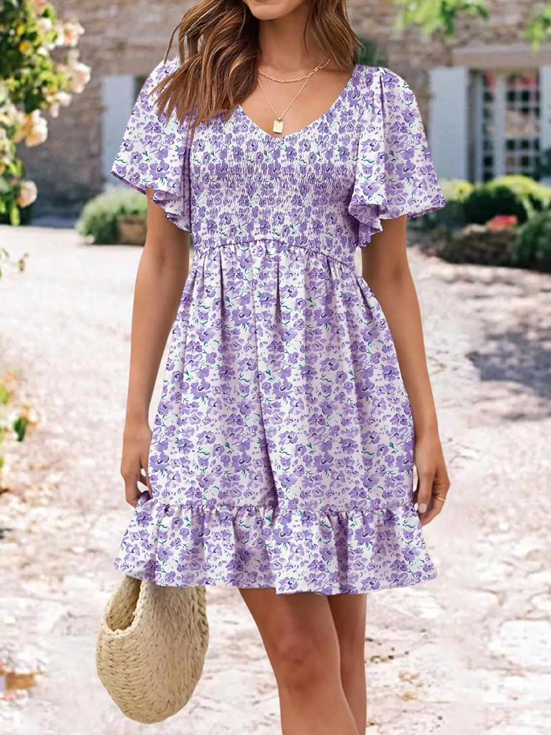 Womens Cute Floral Smocked V Neck Flutter Sleeve Sundress with Pockets Casual Spring Summer Dresses for Women 2025