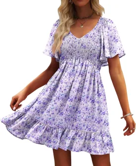 Womens Cute Floral Smocked V Neck Flutter Sleeve Sundress with Pockets Casual Spring Summer Dresses for Women 2025
