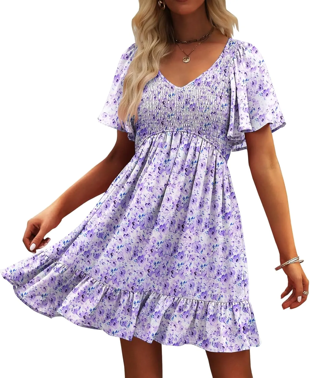 Womens Cute Floral Smocked V Neck Flutter Sleeve Sundress with Pockets Casual Spring Summer Dresses for Women 2025