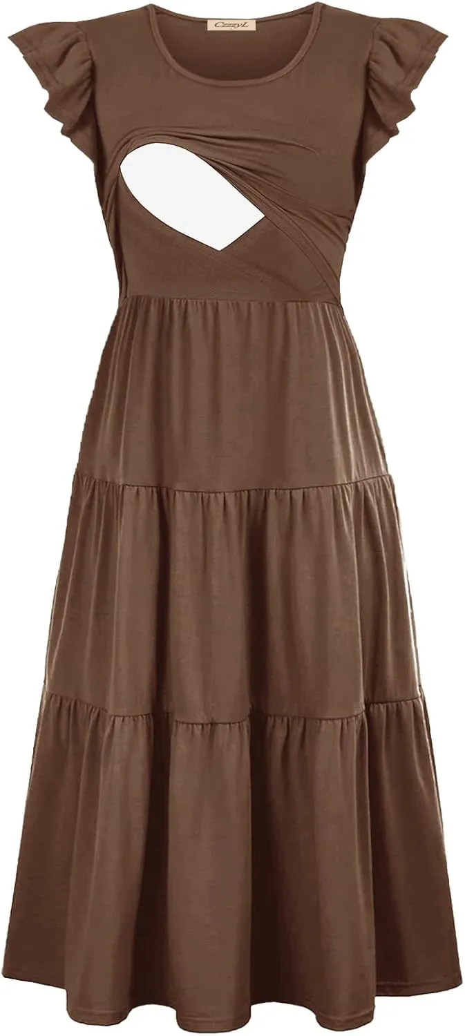Womens Flutter Short Sleeve Smocked Tiered Nursing Dress for Breastfeeding