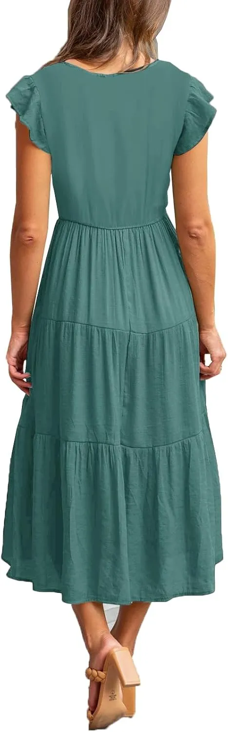 Womens Flutter Short Sleeve Smocked Tiered Nursing Dress for Breastfeeding