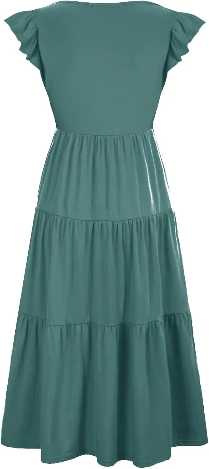 Womens Flutter Short Sleeve Smocked Tiered Nursing Dress for Breastfeeding