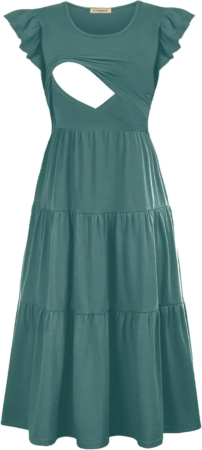 Womens Flutter Short Sleeve Smocked Tiered Nursing Dress for Breastfeeding