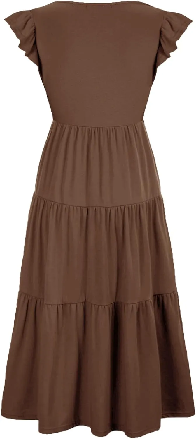 Womens Flutter Short Sleeve Smocked Tiered Nursing Dress for Breastfeeding