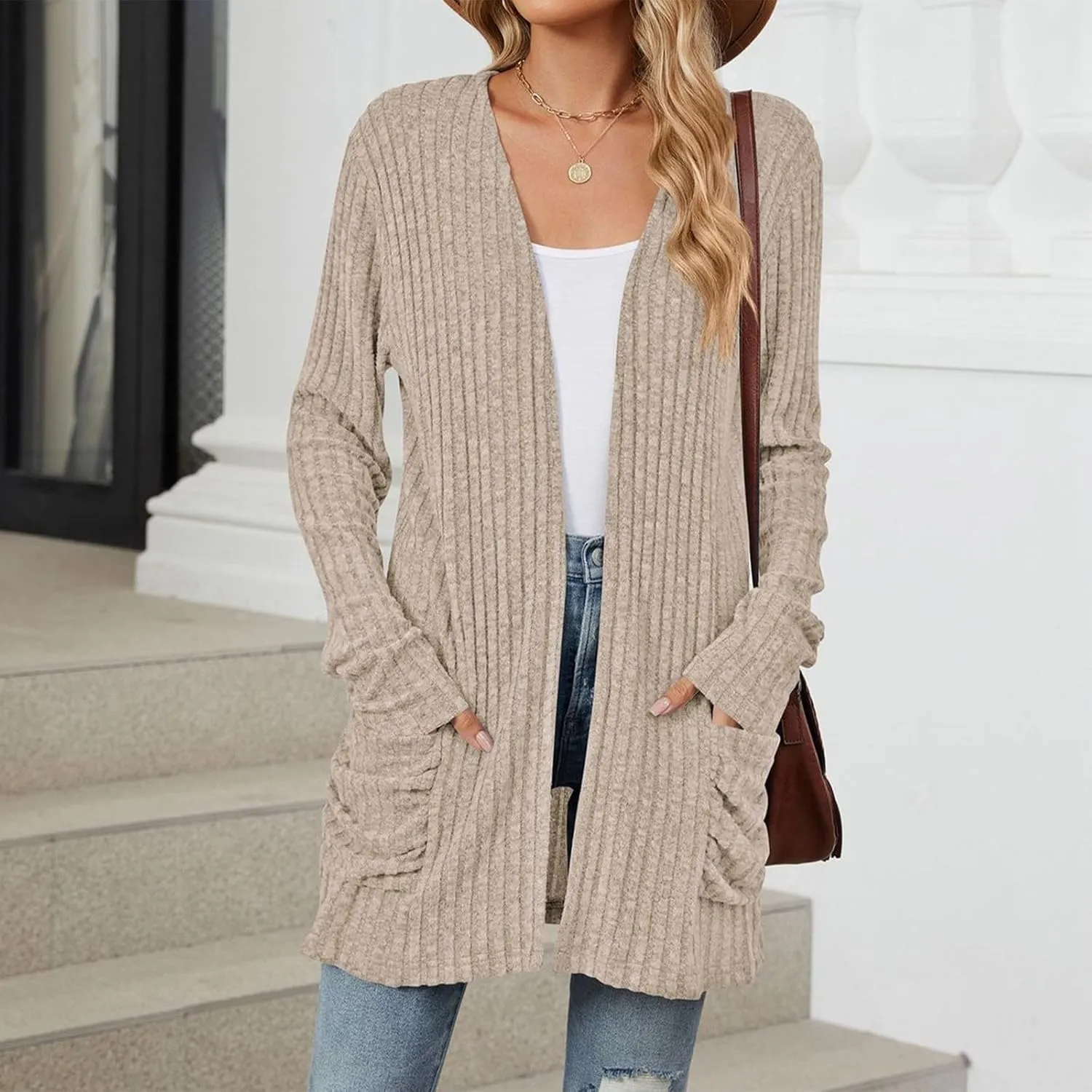 Womens Open Front Cardigan Lightweight Casual Long Sleeve Knit Sweaters Solid Color Outwear Fall Loungewear