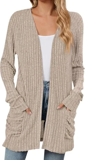 Womens Open Front Cardigan Lightweight Casual Long Sleeve Knit Sweaters Solid Color Outwear Fall Loungewear