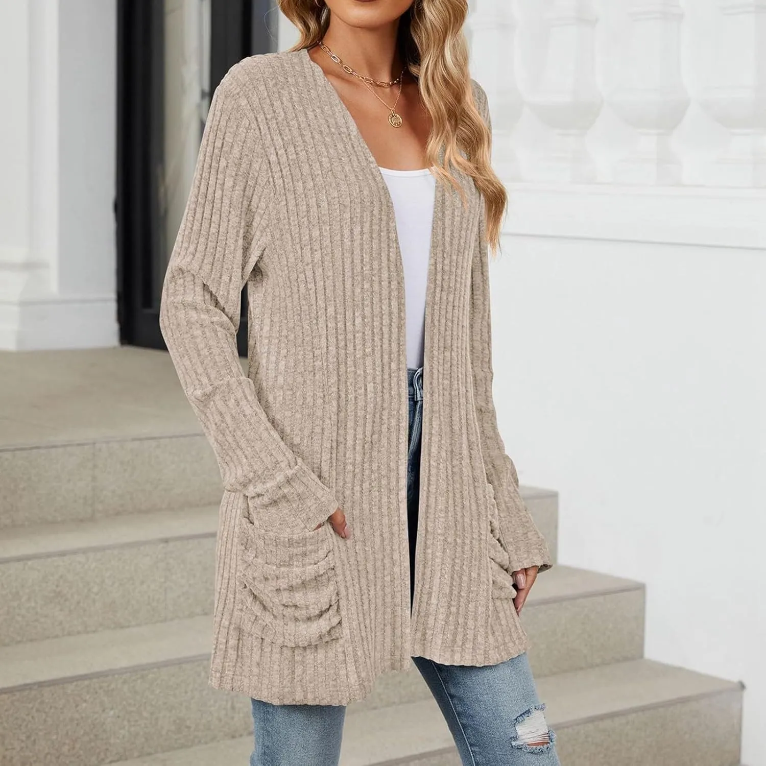 Womens Open Front Cardigan Lightweight Casual Long Sleeve Knit Sweaters Solid Color Outwear Fall Loungewear