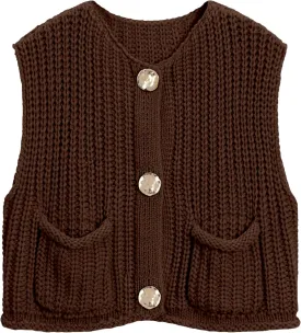 Women's Sleeveless Chunky Knit Top Casual Cropped Button Down Sweater Vest Open Front Cardigan with Pockets