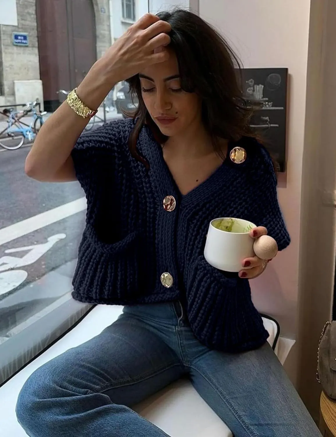 Women's Sleeveless Chunky Knit Top Casual Cropped Button Down Sweater Vest Open Front Cardigan with Pockets