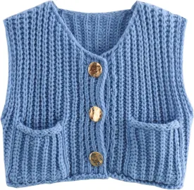 Women's Sleeveless Chunky Knit Top Casual Cropped Button Down Sweater Vest Open Front Cardigan with Pockets