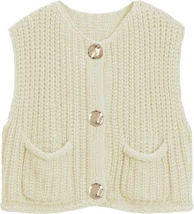 Women's Sleeveless Chunky Knit Top Casual Cropped Button Down Sweater Vest Open Front Cardigan with Pockets