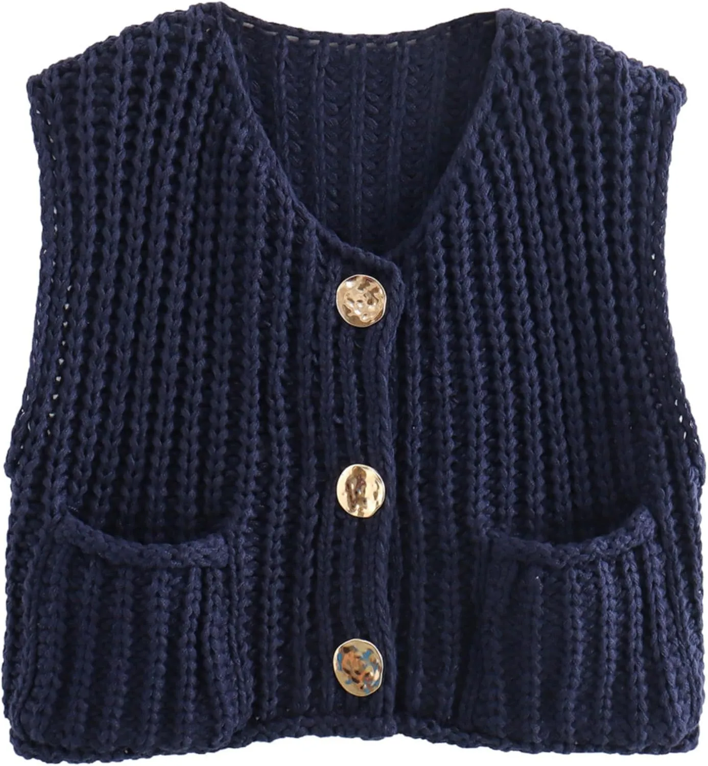 Women's Sleeveless Chunky Knit Top Casual Cropped Button Down Sweater Vest Open Front Cardigan with Pockets